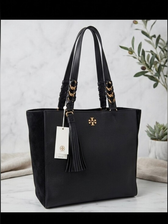 Tory Burch Handbags - Tory Burch Black Leather and Suede Tote with Tassel